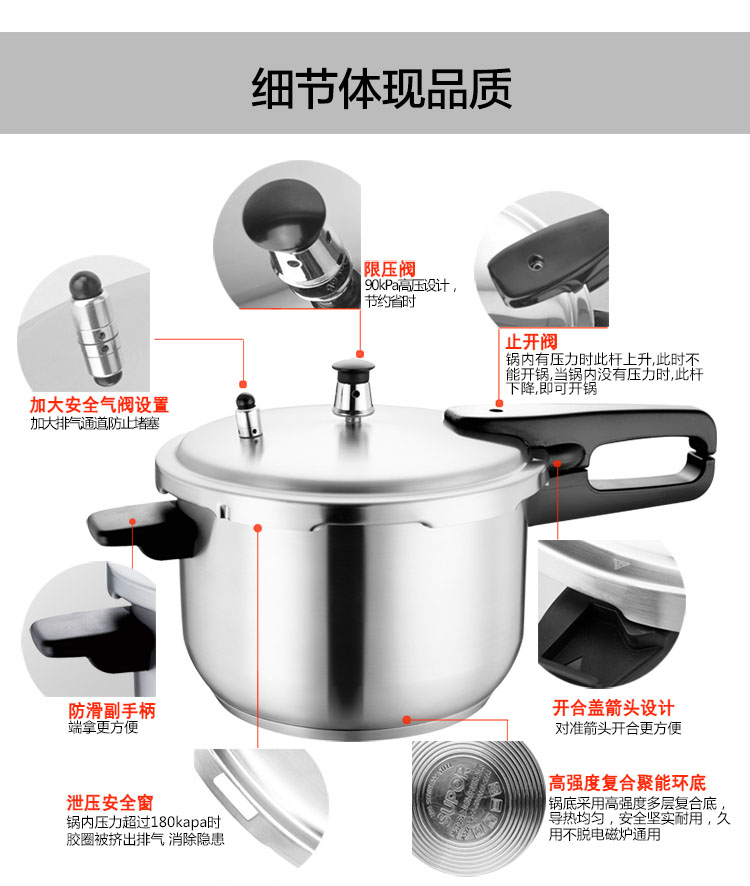 苏泊尔 安全节能型 不锈钢高压锅  电磁炉明火通用 锅口直径22cm YW22F1