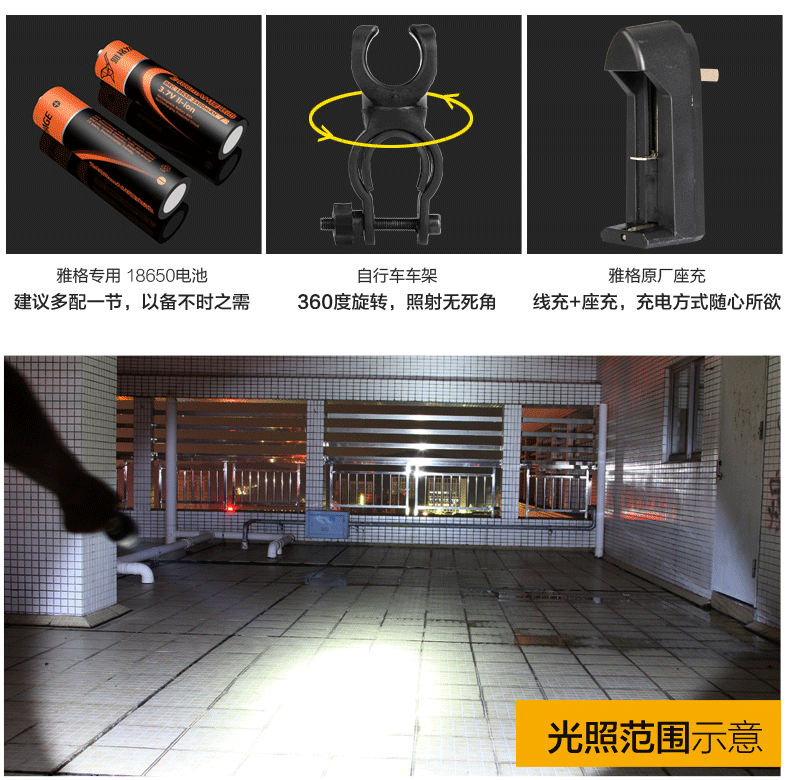 
                                        雅格强光手电筒远射调光调焦户外骑行家用可充电防水打猎 LED远射 配18650电池配充电器 黑色 YG-336C经典                