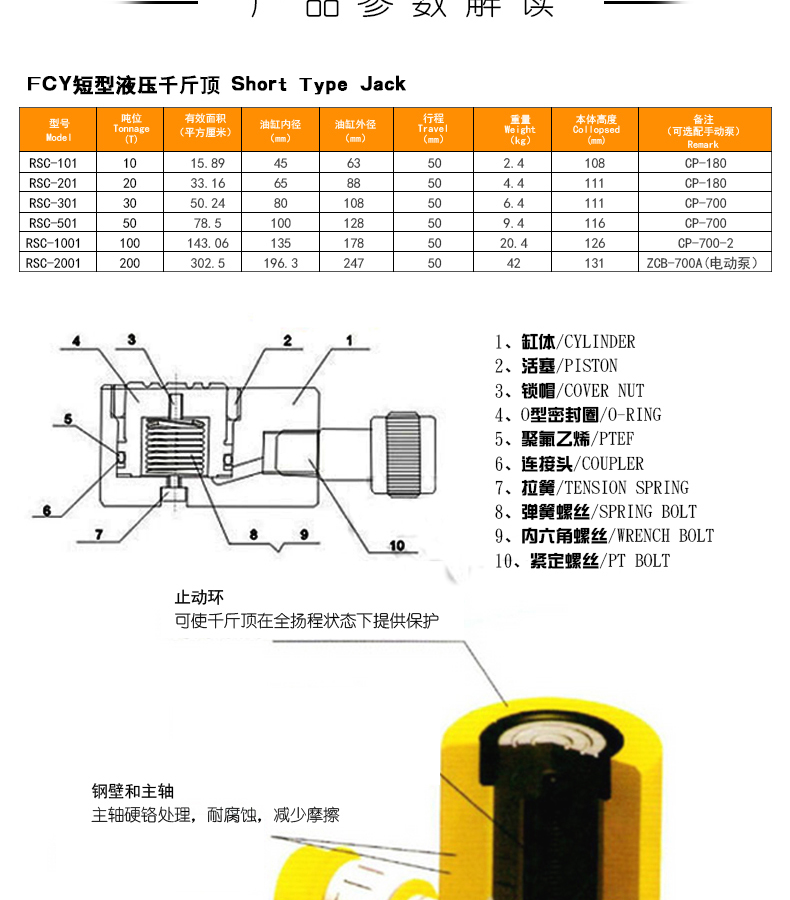 晋阳湖起重工具液压短型千斤顶分离式油压千斤顶rsc-10t20t行程50mm