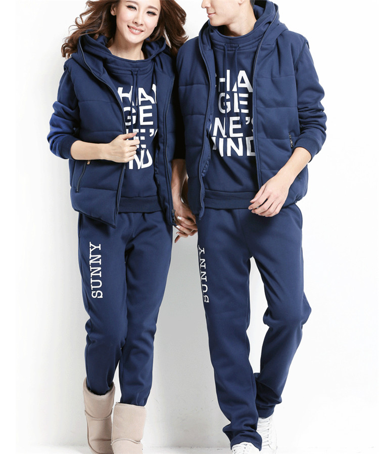 大八之家 2015新款秋冬装情侣装卫衣加厚加绒卫衣三件套女休闲套装韩版情侣运动服 蓝色 女-M