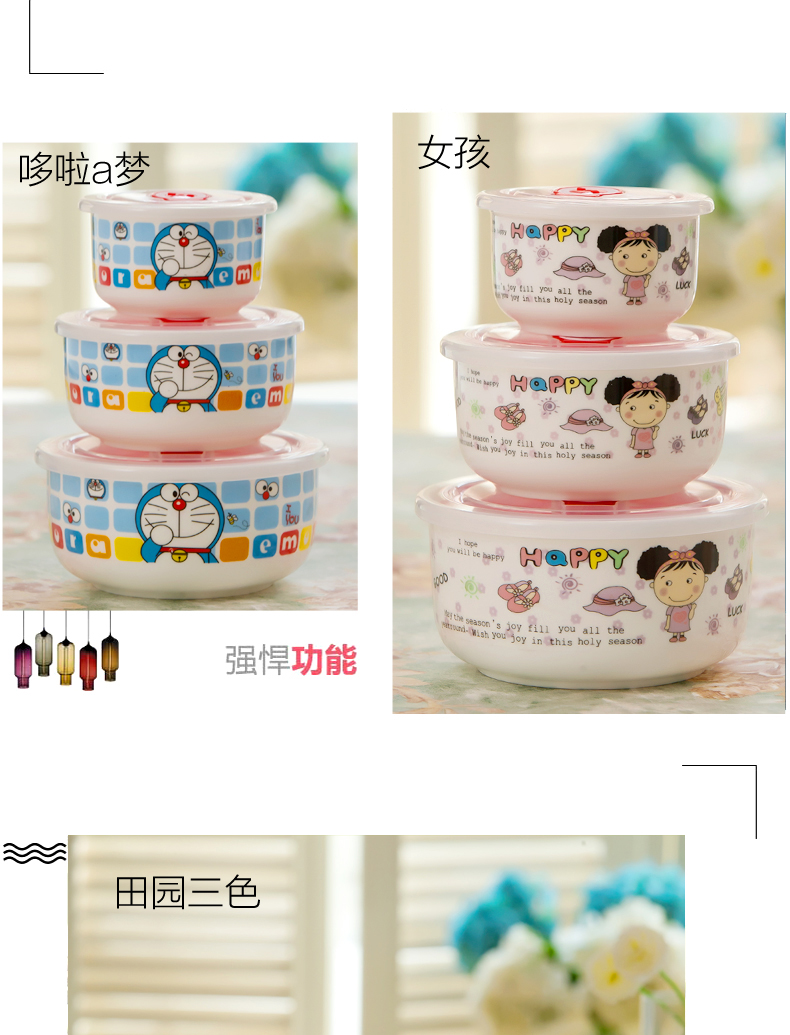景德镇陶瓷饭盒 微波炉饭盒便当盒保鲜碗 陶瓷饭盒三件套 飞舞猫