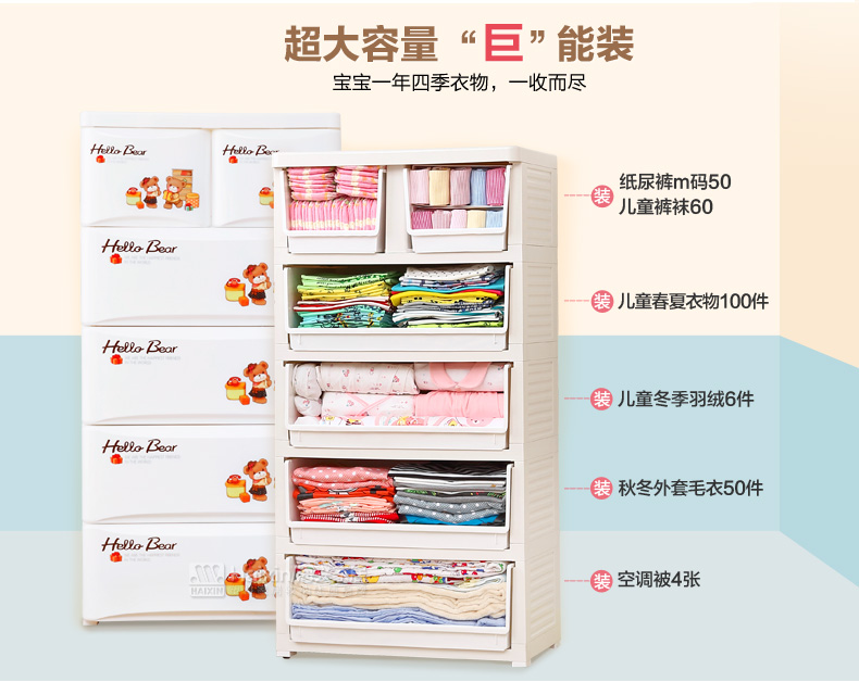 Haixin海兴塑料加厚婴儿童宝宝衣柜整理柜抽屉式收纳柜玩具储物柜 五层 儿童小熊设计 98%好评 无忧售后 放心购买