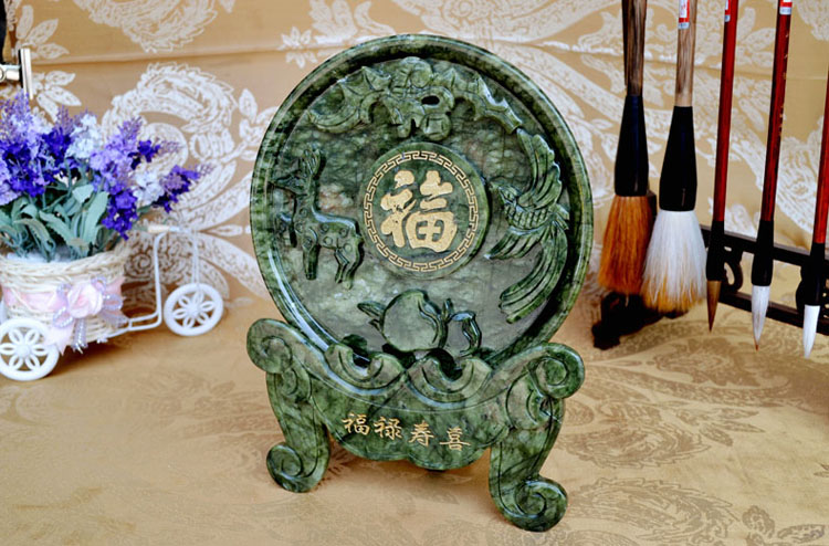 岫玉坐盘看盘 现代中式办公室桌面书房摆件 乔迁工艺礼品家居装饰摆设 
