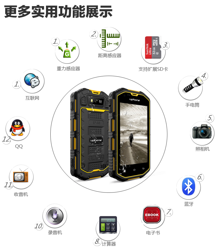 优豊(uphone) U7 电信3G 三网通 三防智能手机 对讲机 双卡双待 黑色 铭牌定制版(订单备注铭牌文字)