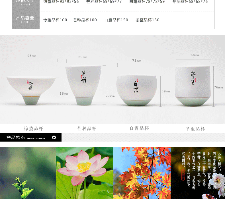 堂悦坊 铂玉瓷四时茶杯套装 4杯装 青玉色