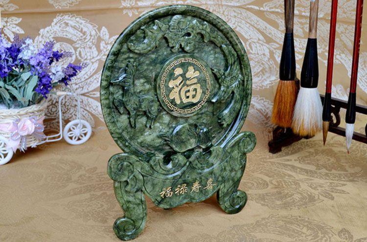 岫玉坐盘看盘 现代中式办公室桌面书房摆件 乔迁工艺礼品家居装饰摆设 