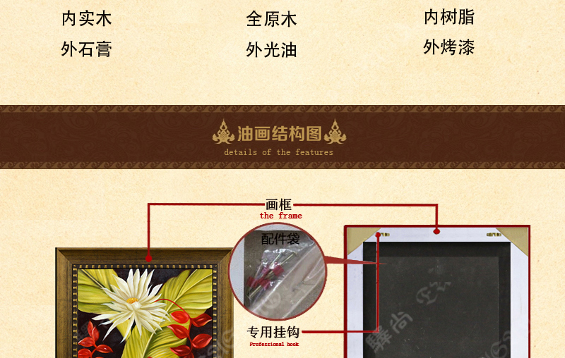 
                                        驿尚 手绘油画东南亚现代玄关装饰画客厅餐厅卧室三联花卉画走廊酒店别墅壁挂画 古铜金 C款 80*80CM                