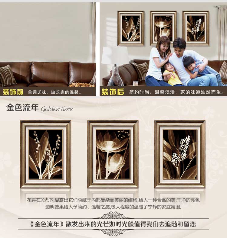 
                                        旦晨现代装饰画时尚简欧卧室客厅沙发背景挂画墙画三联画B6007 C组/金色流年/淡雅金色/套 外框尺寸57*80cm/三件套                
