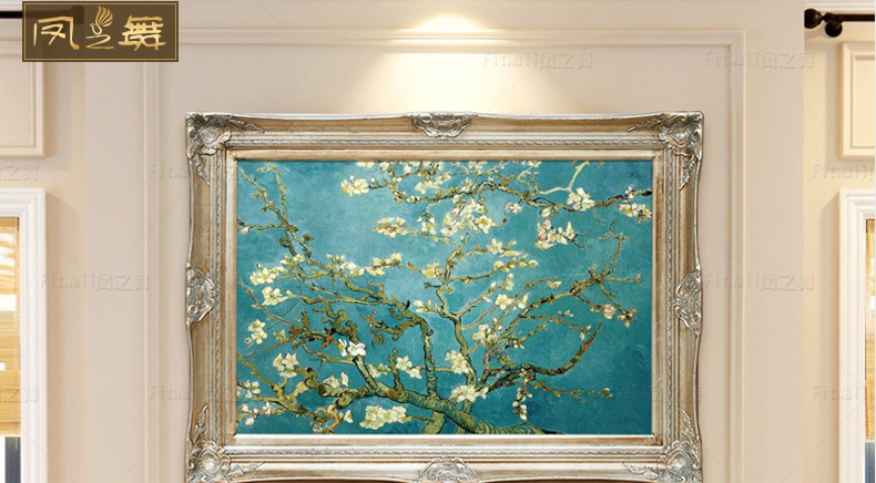 
                                        凤之舞 名画梵高手绘油画花卉盛开的杏花欧式客厅油画别墅挂画玄关装饰画三联 欧式框3 80x60                