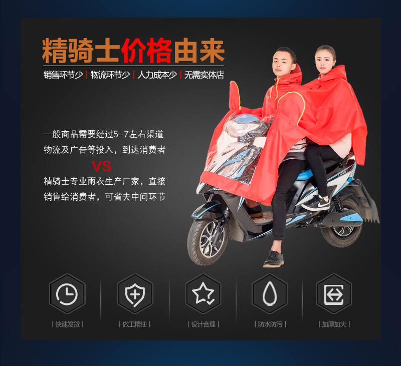 精骑士摩托车雨衣双人加厚pu格子布成人男女通用骑行电动车雨衣雨披 雨伞雨具 红色