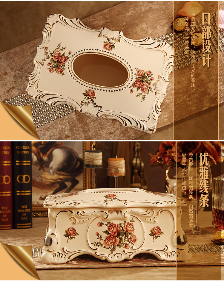 欧式纸巾盒 陶瓷抽纸盒餐巾纸巾盒子 家居软装饰品摆件 红玫瑰纸巾盒26*17*11cm