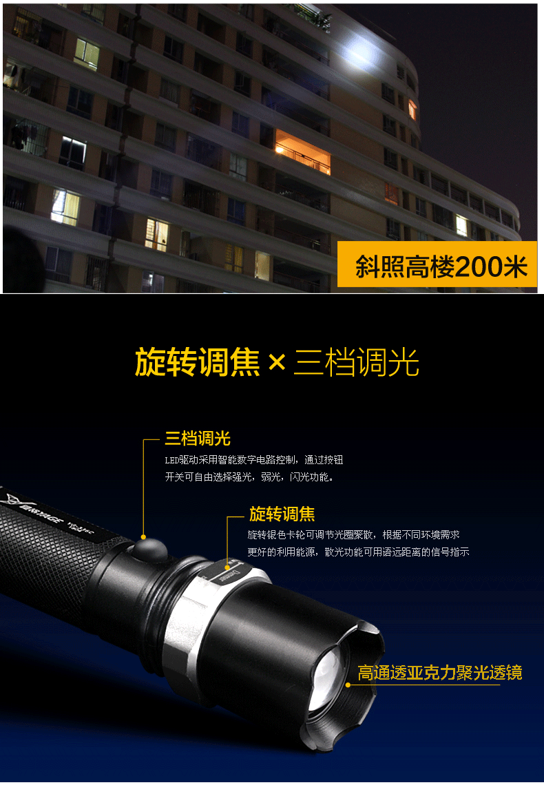 
                                        雅格强光手电筒远射调光调焦户外骑行家用可充电防水打猎 LED远射 配18650电池配充电器 黑色 YG-336C经典                