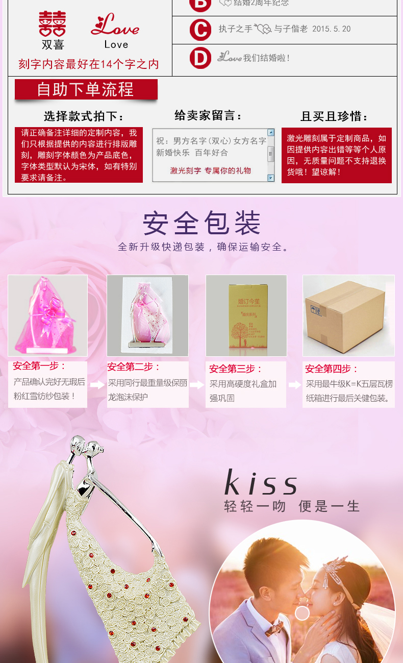 
                                        艺贝子人物装饰摆件婚庆礼品结婚礼物时尚家居装饰摆件工艺品婚庆情人节恋人礼物婚房摆件 金色                