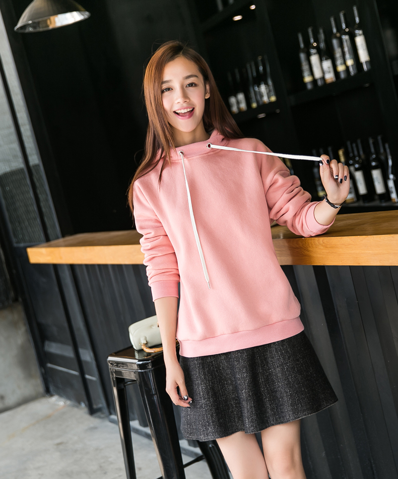 棉立方2015冬装新款女装带帽加绒上衣抽绳领口长袖卫衣女 15DT553 裸粉 L
