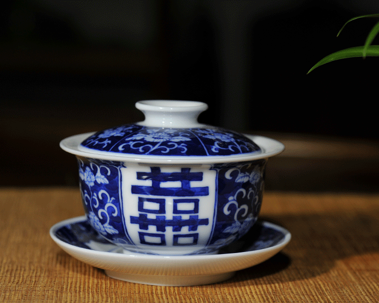 茶具/咖啡具 茶壶 唐皿宋坊 唐皿宋坊 青花瓷双喜盖碗 景德镇陶瓷泡茶