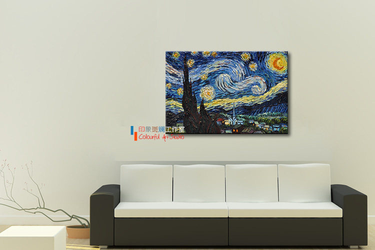 
                                        梵高 星空 星月夜 手绘油画 现代简约抽象 客厅卧室装饰画有框画  印象斑斓 有框画-B 73X92cm-梵高原作尺寸                