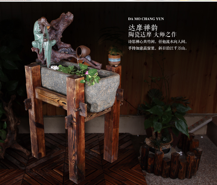 
                                        水磨坊 中式石磨石槽流水摆件 鱼缸喷泉家居流水生财树脂装饰品 风水景喷泉乔迁礼品 木架石槽                