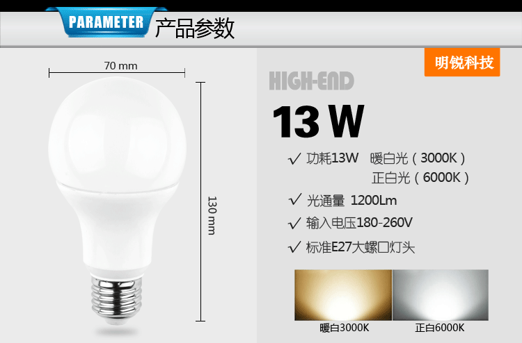 
                                        明锐LED灯泡14W E27大螺口接口球泡灯照明光源 正白光6000K                