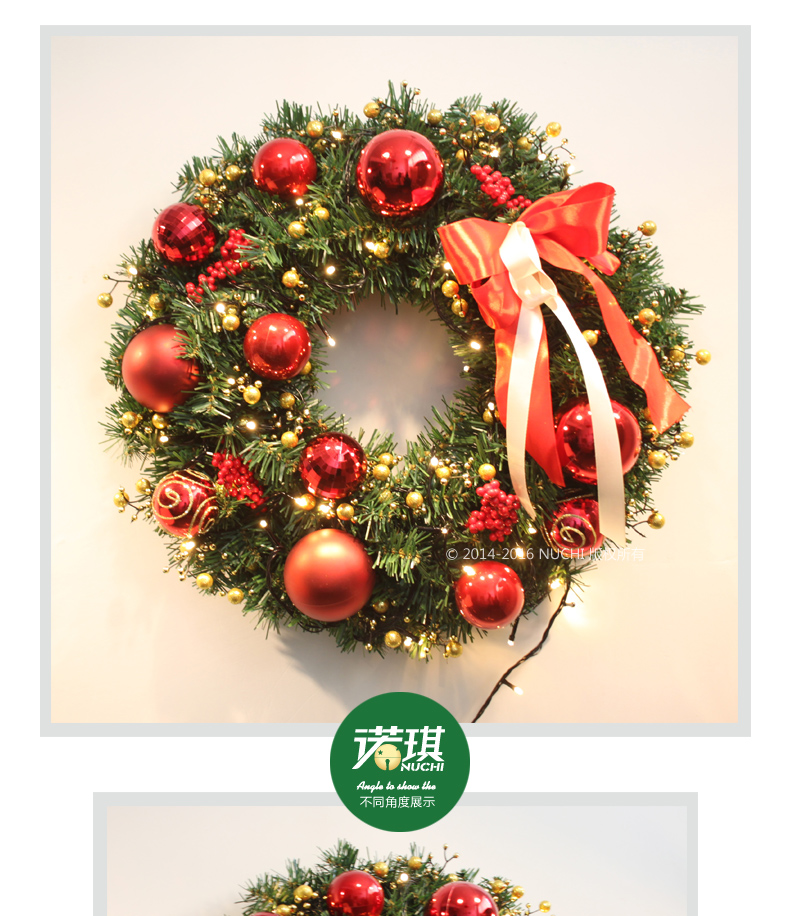 诺琪 2015新款圣诞花环 红色彩绘球蝴蝶圣诞藤圈门挂饰 圣诞节装饰品 圣诞礼品 节庆饰品 40cm带灯