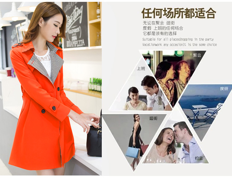 纤衣良品2015秋冬新款女装 日韩女装冬上新大码修身中长款长袖外套双排扣风衣 女F111 藏青色 L