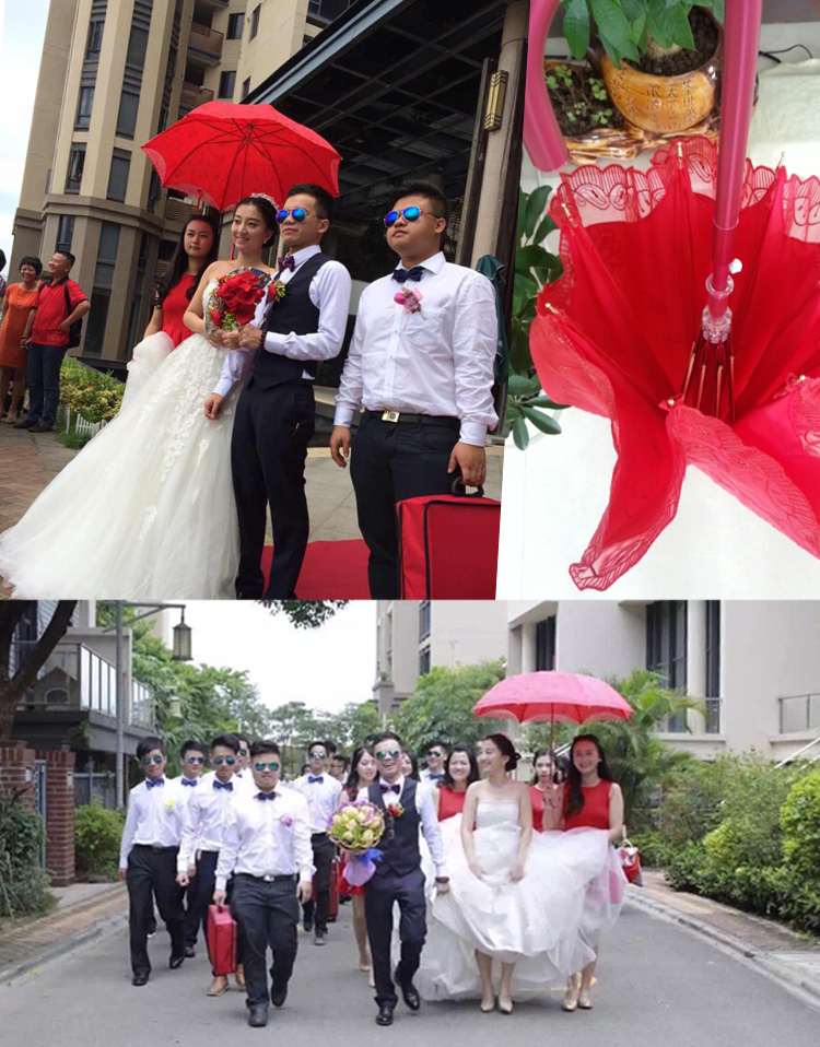 
                                        天堂伞婚庆伞结婚红伞亮片绣花纱喜庆伞新娘婚礼伞长柄伞红色伞蕾丝边 红色                