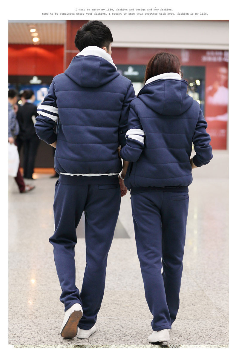 大八之家 2015情侣装冬装套装韩版加绒加厚卫衣男女潮情侣运动服套装 蓝色 女-M