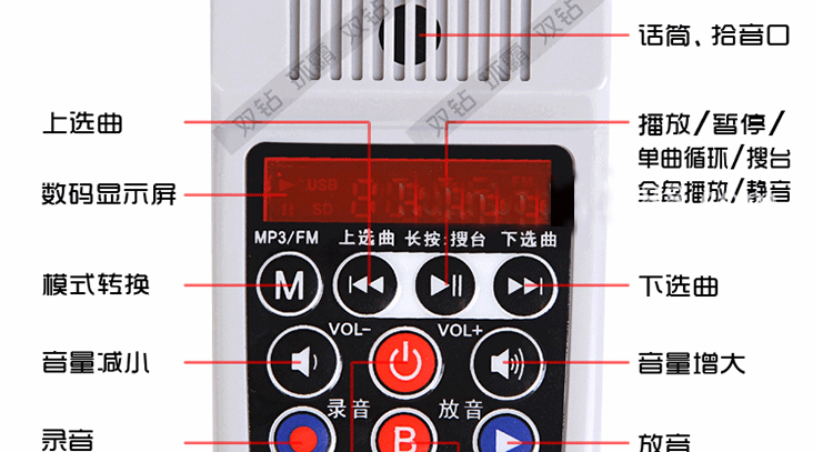 
                                        双钻 新一代12V车载扩音器汽车录音大功率喊话器宣传车喇叭插卡插U盘 红色                