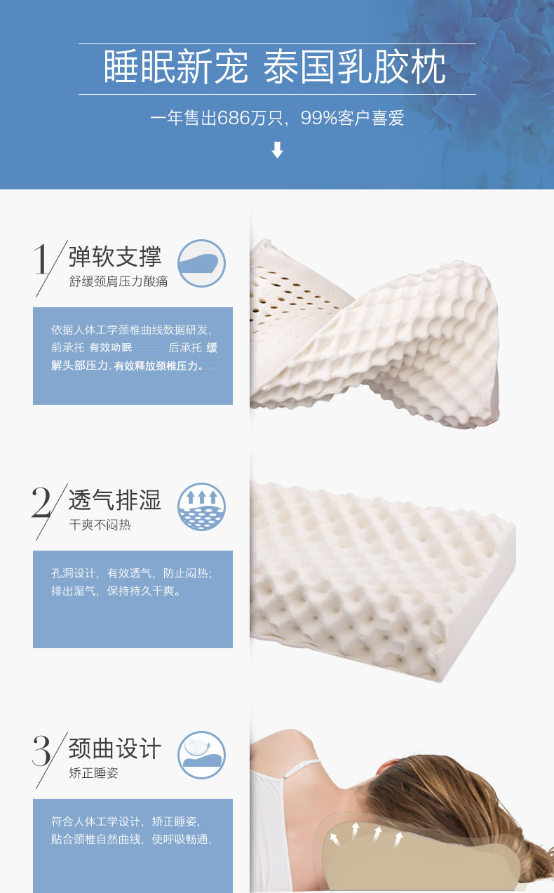 
                                        NITTAYA妮泰雅 泰国原装进口 天然乳胶枕头 按摩 高低枕  护颈 枕头 女士按摩低枕                