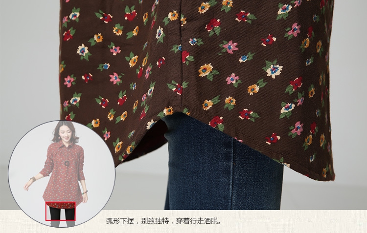 霏雨初霁2015秋冬长袖衬衫女夹棉文艺碎花大码中长款套头衬衣外套410 藏青色 L