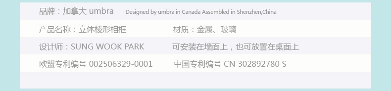 
                                                                                Umbra 加拿大 创意可挂墙金属立体菱形相框摆台 欧式相框架装饰摆件画框相框挂墙照片墙 铬色（一只装） 8x10寸                