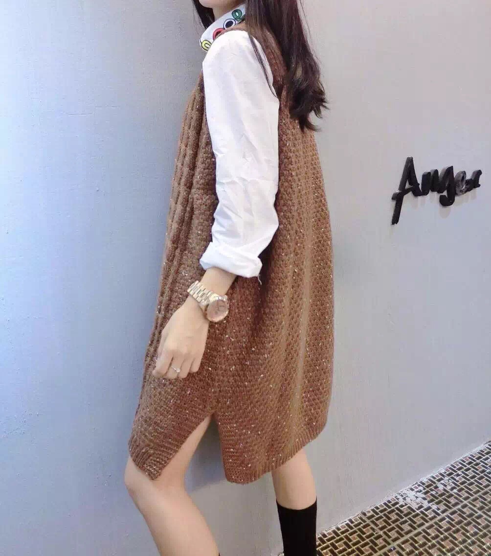 筱嫣儿2015秋装新款韩版中长款圆领毛衣马甲女1061 咖啡色 M