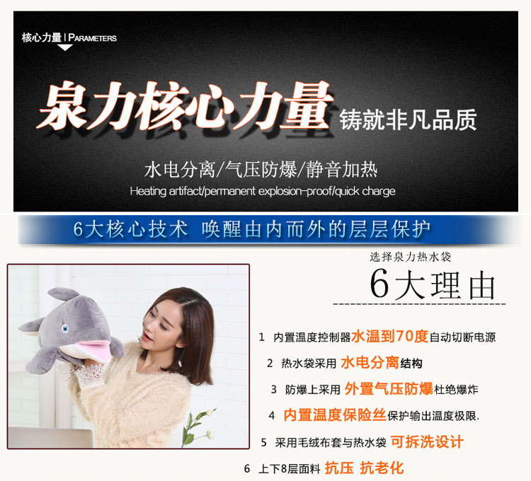 
                                        泉力电热水袋充电防爆暖手宝暖水袋电暖宝宝卡通热宝电暖袋暖腰宝已注水可拆洗 鲸鱼                