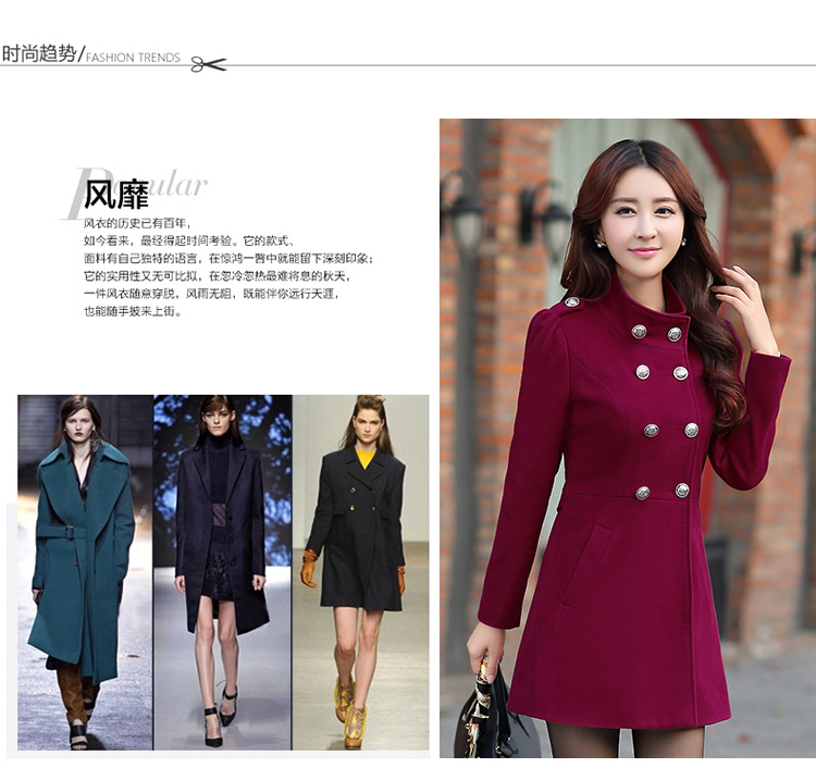 毛呢大衣女零创意2015秋冬新款女装韩版修身时尚甜美中长款双排扣通勤百搭呢料外套 军绿 XXL