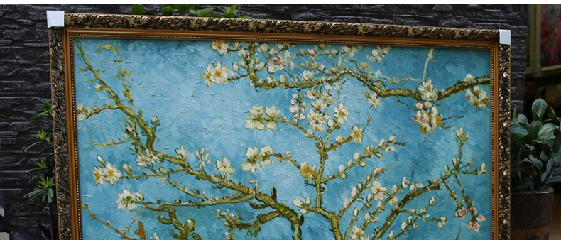 
                                        凤之舞 名画梵高手绘油画花卉盛开的杏花欧式客厅油画别墅挂画玄关装饰画三联 欧式框3 80x60                