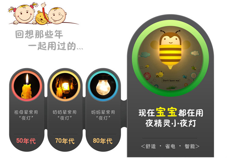 卡通儿童房发光灯夜 小蜜蜂墙壁小夜灯 创意宝宝床头灯 六一儿童节