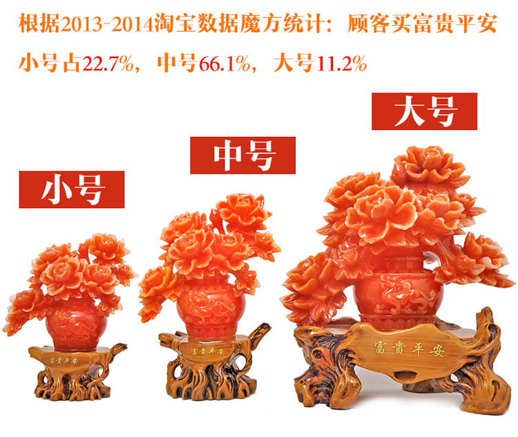 牡丹花摆件 富贵平安牡丹花瓶摆件家庭家居客厅装饰品 结婚婚庆礼物新房婚房乔迁礼品 中号长20宽15高36cm