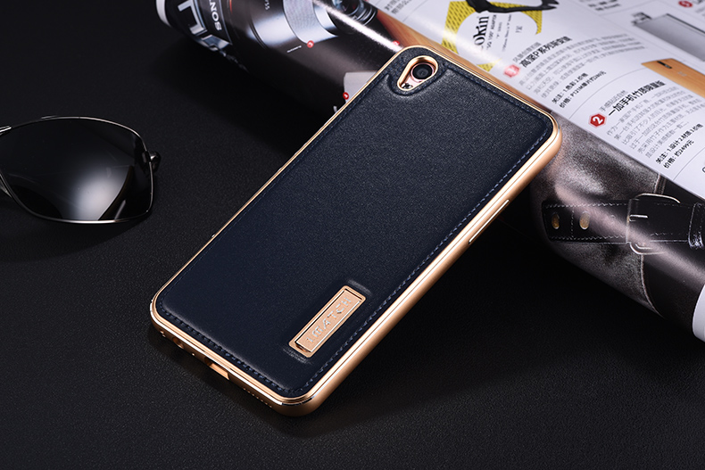 iMatch Luxury Aluminum Metal Bumper Premium Genuine Leather Back Cover Case for OPPO R9 Plus & OPPO R9