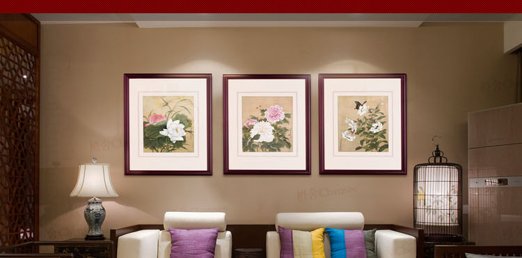 
                                                            橙舍 中式客厅装饰画卧室挂画床头画花鸟图背景墙画清代宫廷画师余穉-花开锦绣 荷花-雅致桃木 装裱高70*长60                