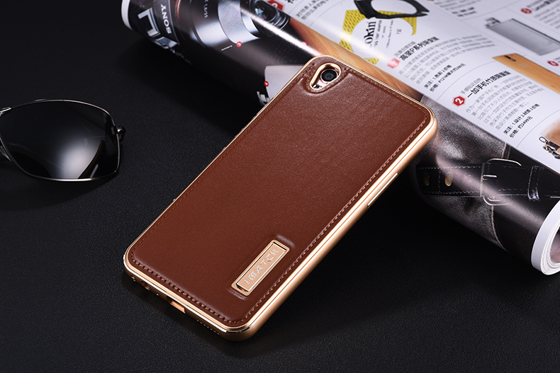 iMatch Luxury Aluminum Metal Bumper Premium Genuine Leather Back Cover Case for OPPO R9 Plus & OPPO R9