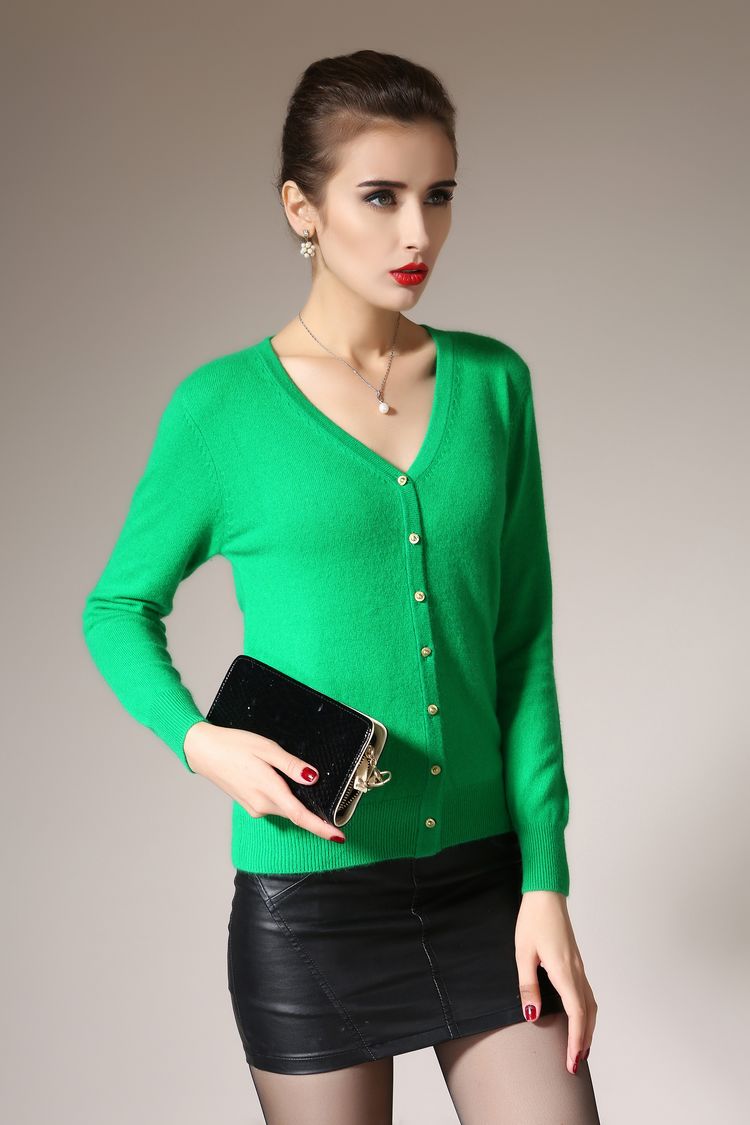 es2014秋冬新款欧洲站纯色V领貂绒<em>开衫上衣</em>C