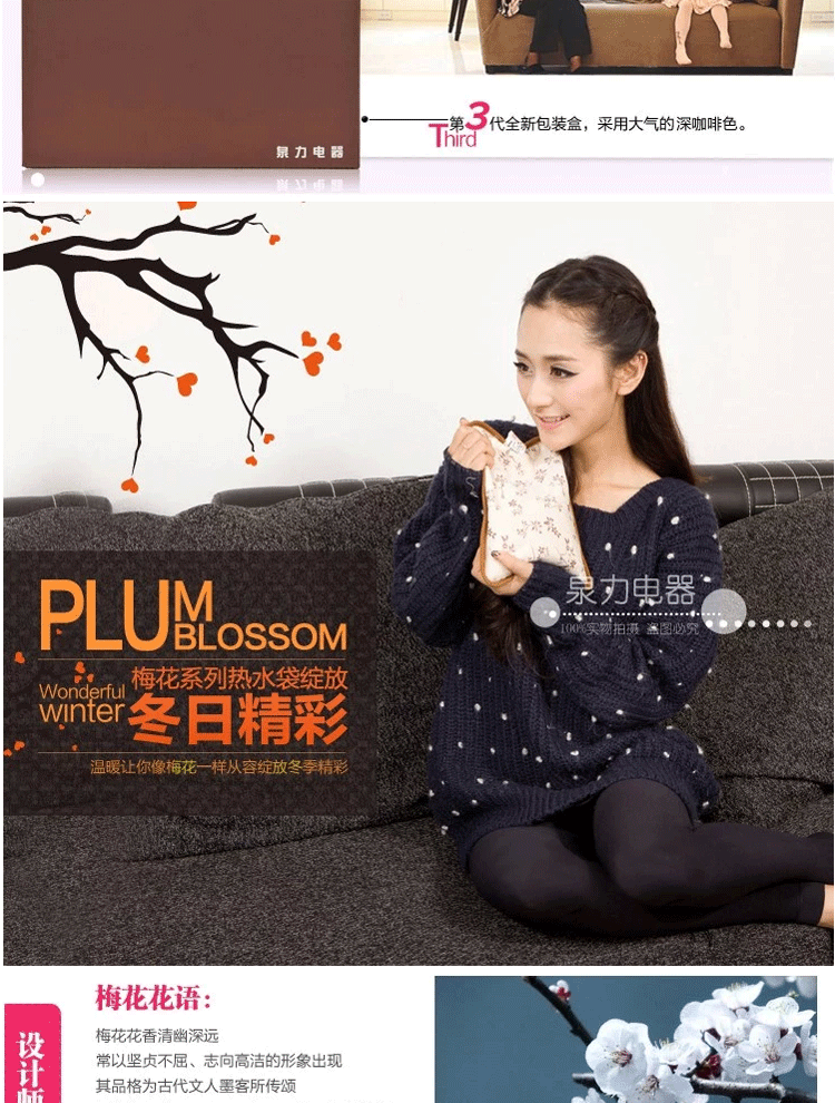 泉力 豪华配制防爆水电分离毛绒印花系列定时电热水袋/已注水暖手宝电暖宝 保暖防护 防爆夹菱格腰带整套-咖啡色