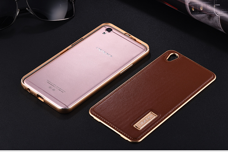 iMatch Luxury Aluminum Metal Bumper Premium Genuine Leather Back Cover Case for OPPO R9 Plus & OPPO R9