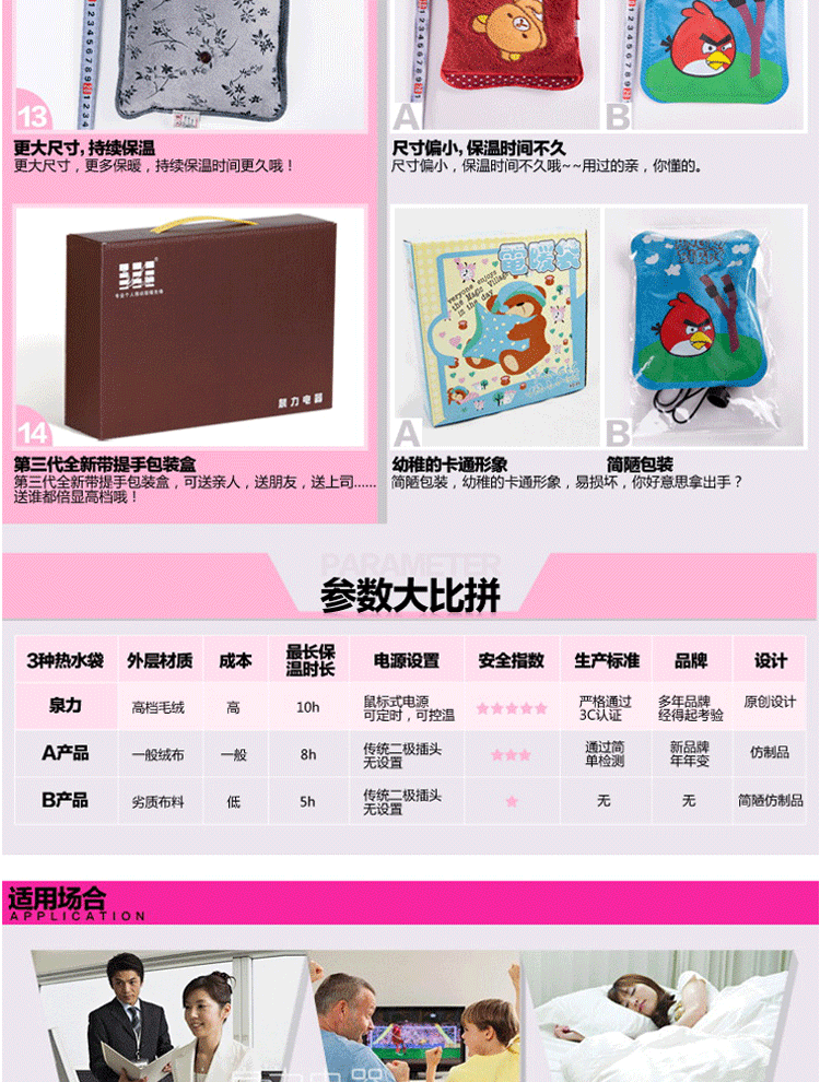 泉力 豪华配制防爆水电分离毛绒印花系列定时电热水袋/已注水暖手宝电暖宝 保暖防护 防爆夹菱格腰带整套-咖啡色