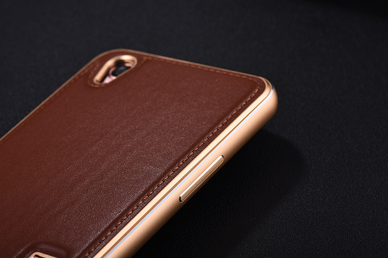 iMatch Luxury Aluminum Metal Bumper Premium Genuine Leather Back Cover Case for OPPO R9 Plus & OPPO R9