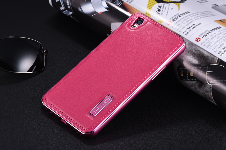 iMatch Luxury Aluminum Metal Bumper Premium Genuine Leather Back Cover Case for OPPO R9 Plus & OPPO R9