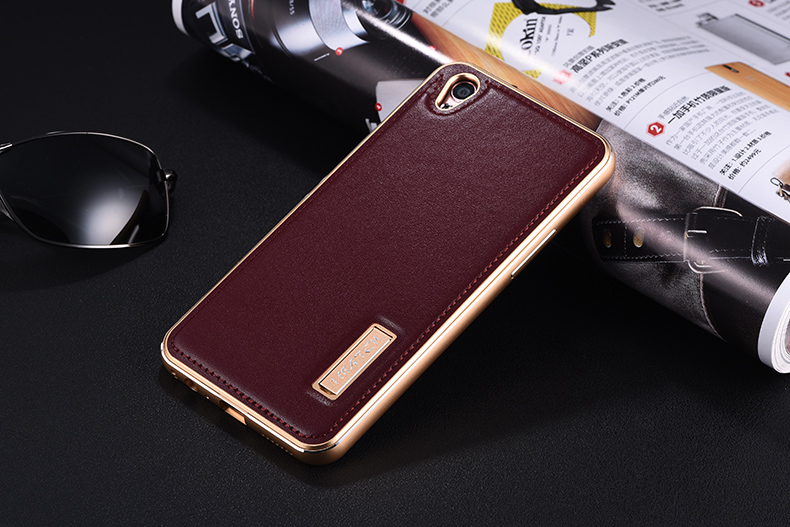 iMatch Luxury Aluminum Metal Bumper Premium Genuine Leather Back Cover Case for OPPO R9 Plus & OPPO R9