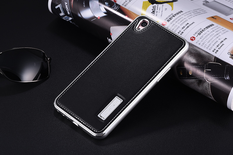 iMatch Luxury Aluminum Metal Bumper Premium Genuine Leather Back Cover Case for OPPO R9 Plus & OPPO R9