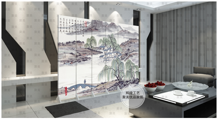 防水防透免安装中式双面艺术屏风改善风水墙文化墙玄关隔断会所办公室酒店隔断折屏古典现代屏风 1018023 6扇防水防透