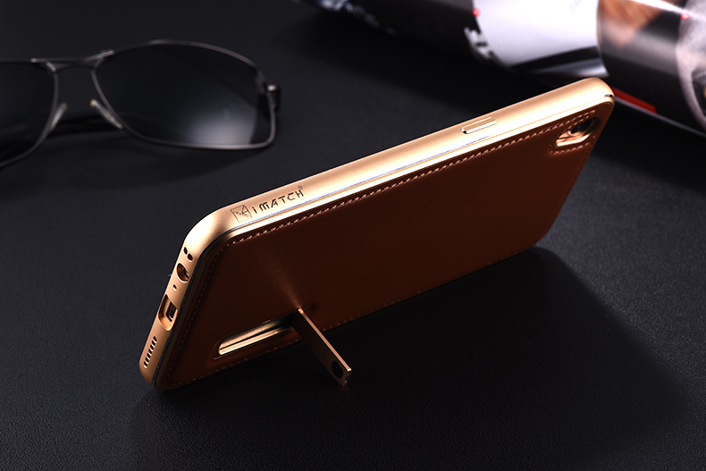 iMatch Luxury Aluminum Metal Bumper Premium Genuine Leather Back Cover Case for OPPO R9 Plus & OPPO R9