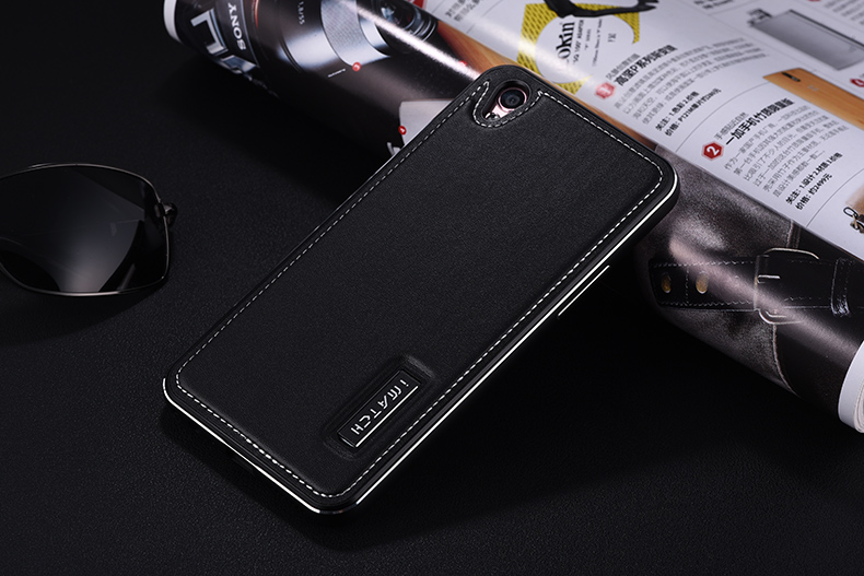 iMatch Luxury Aluminum Metal Bumper Premium Genuine Leather Back Cover Case for OPPO R9 Plus & OPPO R9